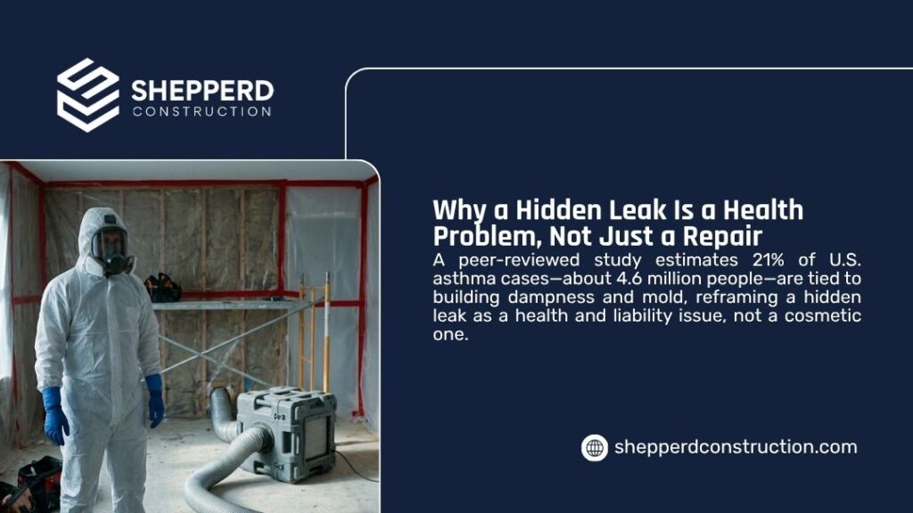 Mold and building dampness health risk graphic by Shepperd Construction showing a worker in a hazmat suit and respirator at a mold remediation site