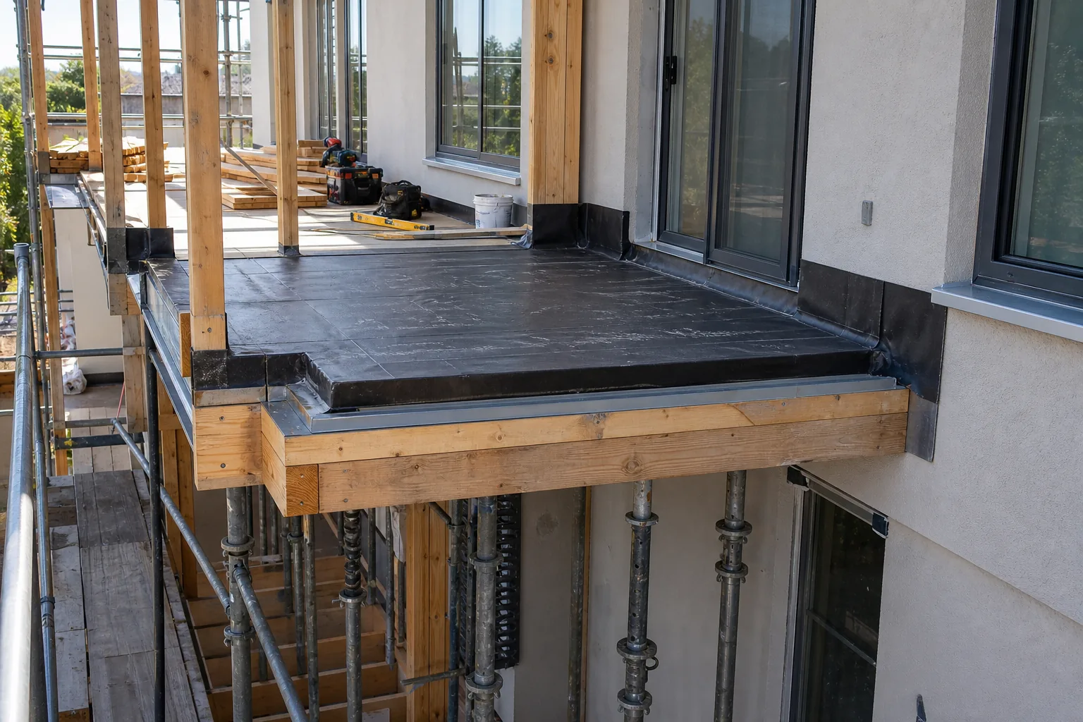 Balcony reconstruction in progress with new framing, waterproofing membrane, and scaffolding on a condo building