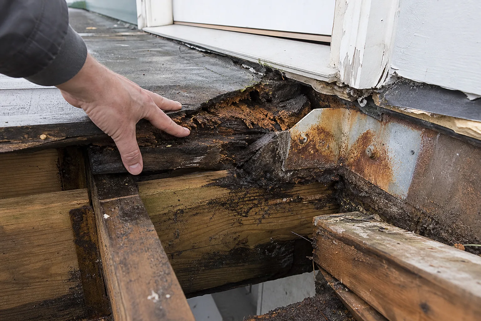 Close-up of a rotted balcony deck with corroded ledger connection and failed waterproofing at the wall junction