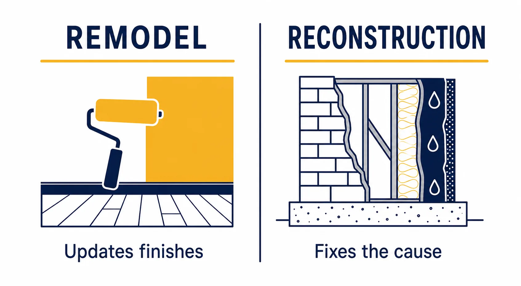 Comparison graphic contrasting a standard remodel that updates finishes with reconstruction that fixes the underlying cause