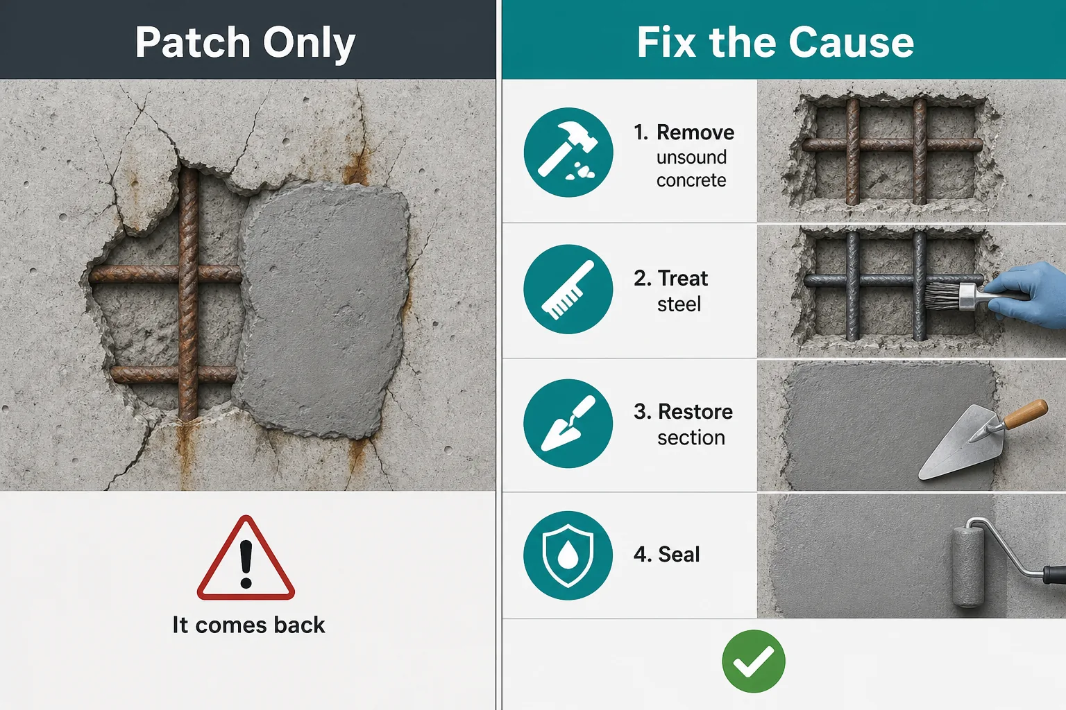 Comparison of patching over spalling versus fixing the root cause of concrete corrosion