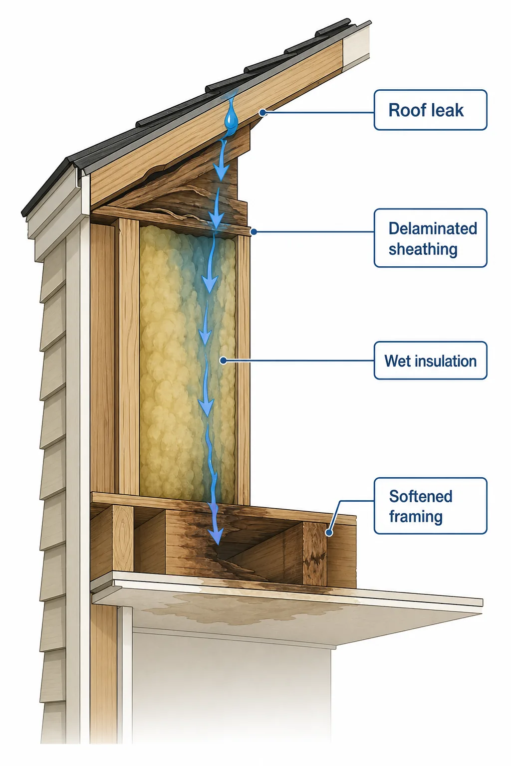 Cutaway diagram showing how a roof leak leads to hidden progressive water damage inside a wall cavity