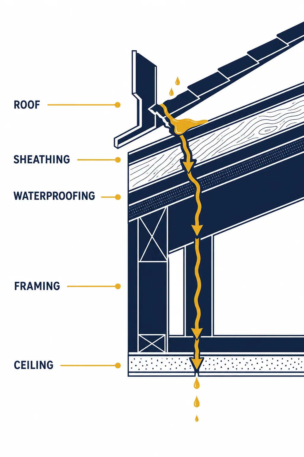 Cutaway diagram showing roof water traveling through sheathing, waterproofing and framing before reaching the ceiling