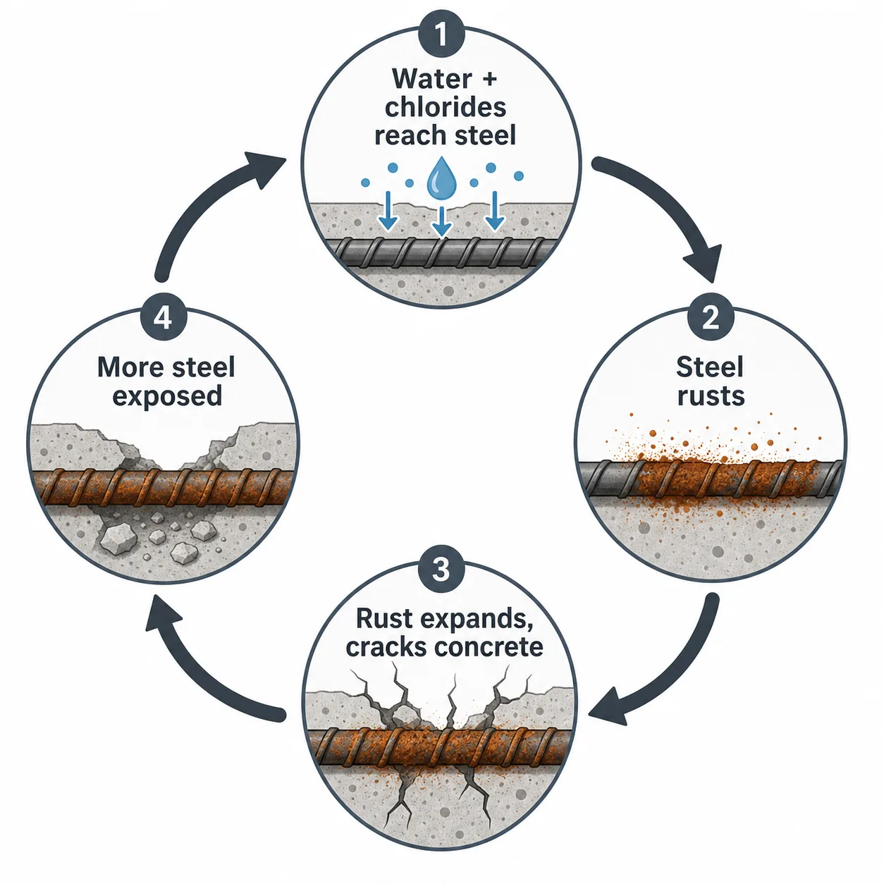 Diagram of the corrosion feedback loop that makes concrete spalling worse over time