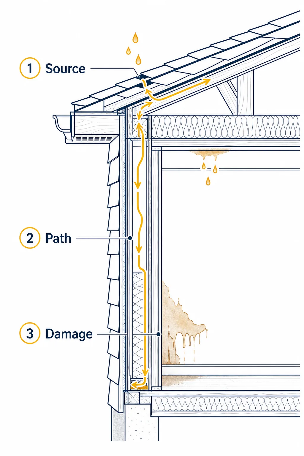 Diagram tracing water intrusion from its source through the assembly to hidden damage in the unit below