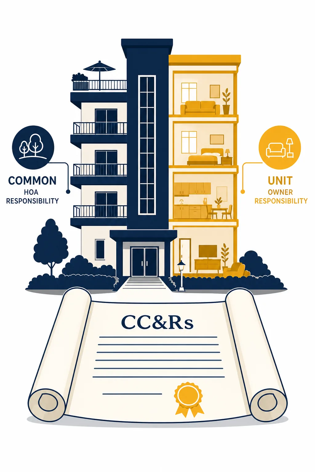 Illustration of a condo building with common versus unit-owner areas defined by HOA governing documents