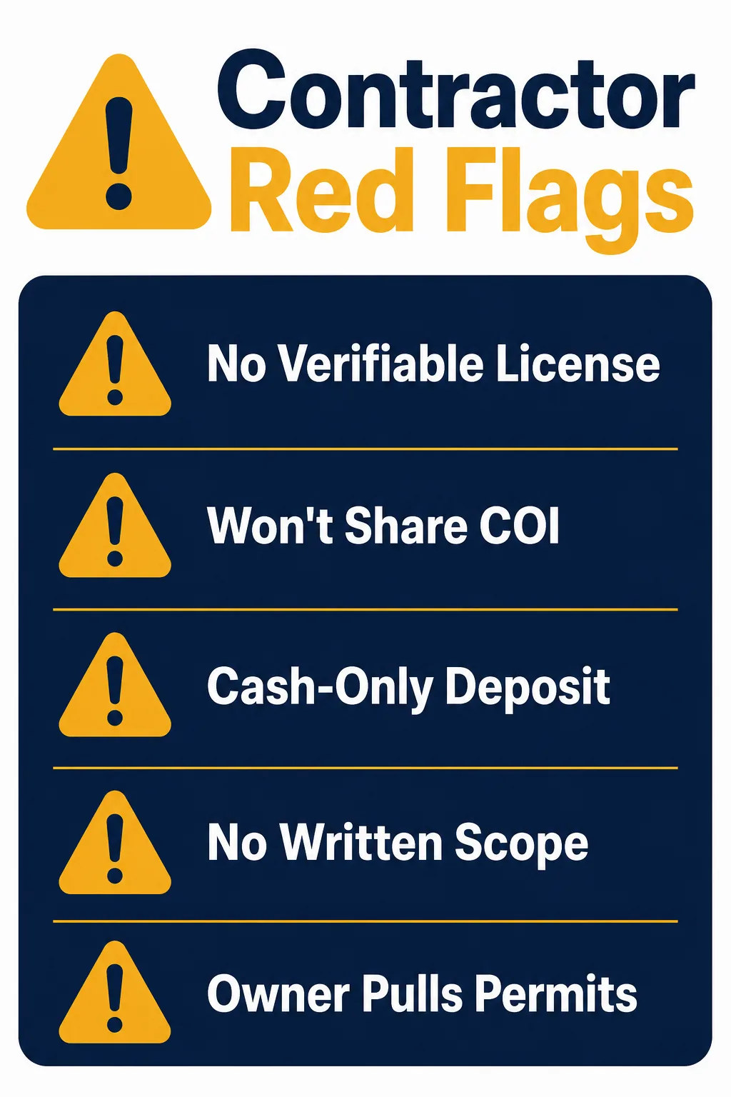 Infographic checklist of contractor red flags such as no license, no COI, and cash-only deposits