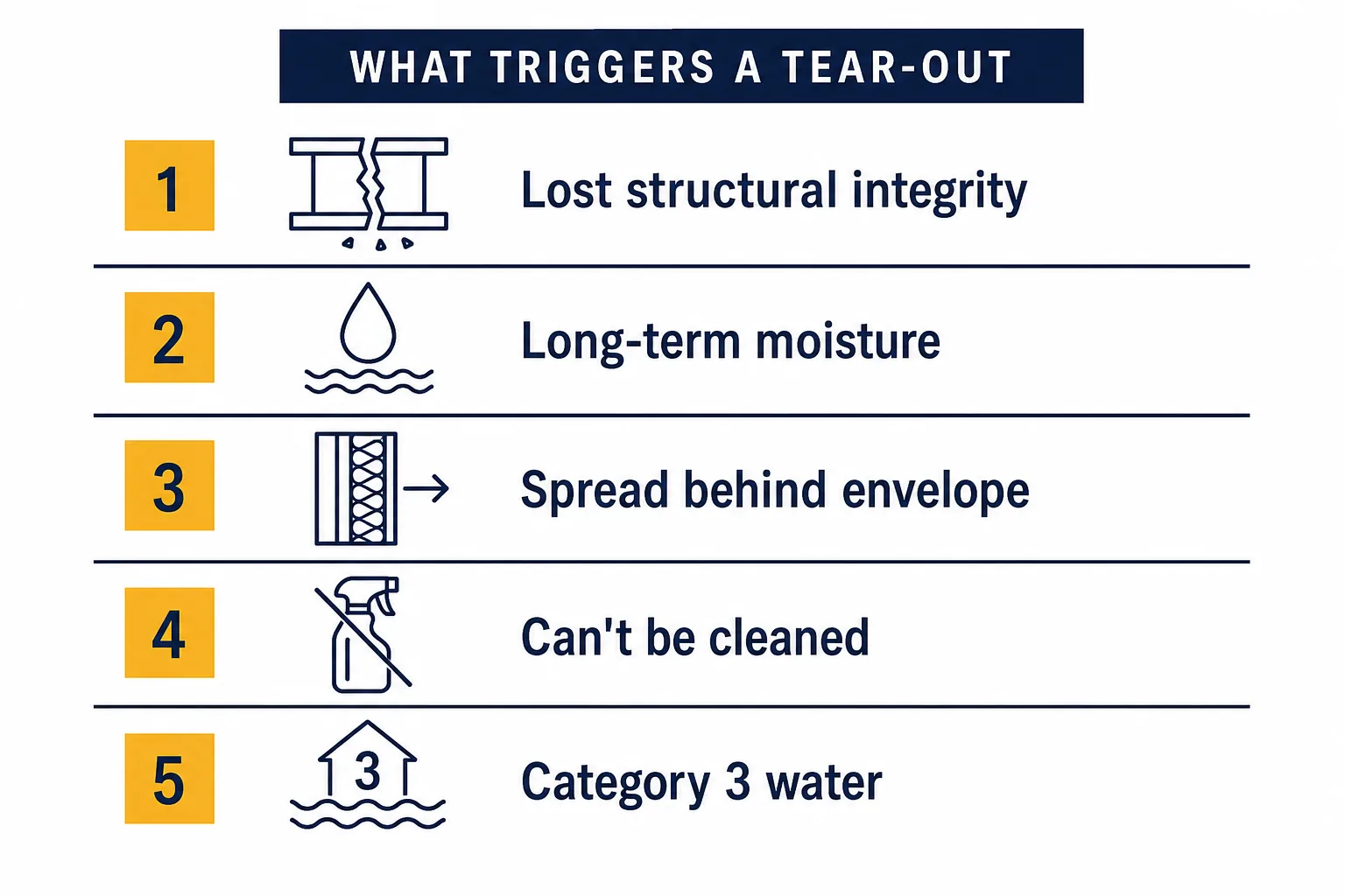 Infographic listing the five triggers that shift a project from mold remediation to full reconstruction