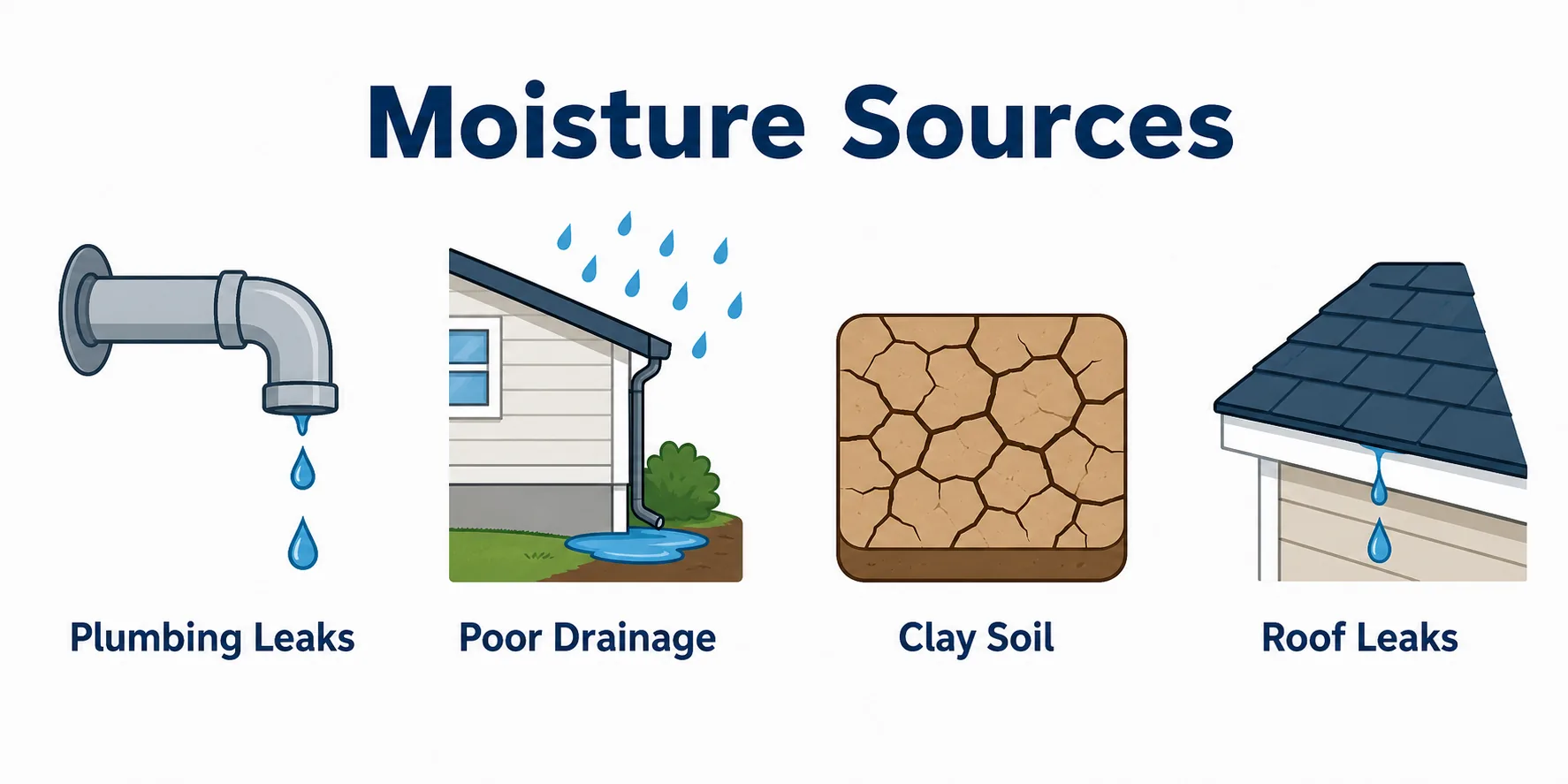 Infographic showing four moisture sources that drive apartment foundation damage: plumbing leaks, poor drainage, clay soil, and roof leaks