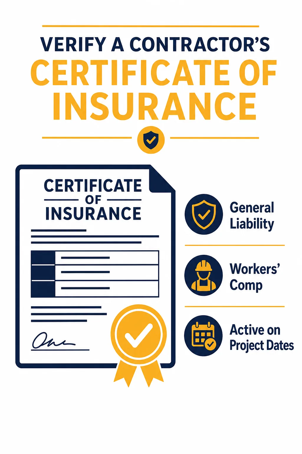Infographic showing the key coverages to confirm on a contractor's Certificate of Insurance
