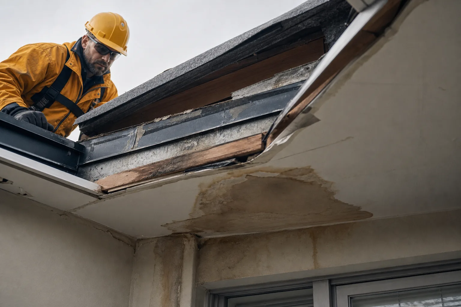 Inspecting a multifamily roof edge where a leak tracked into the units below
