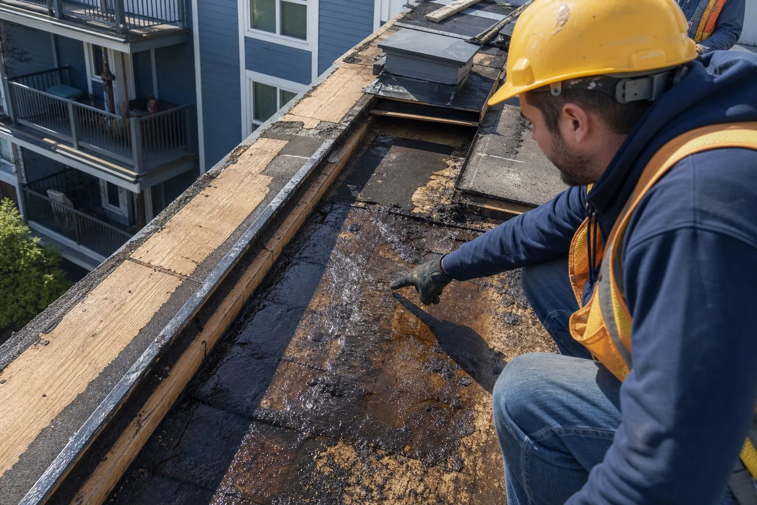 Reroofing crew inspecting an exposed wet roof deck over condo units after weather intrusion