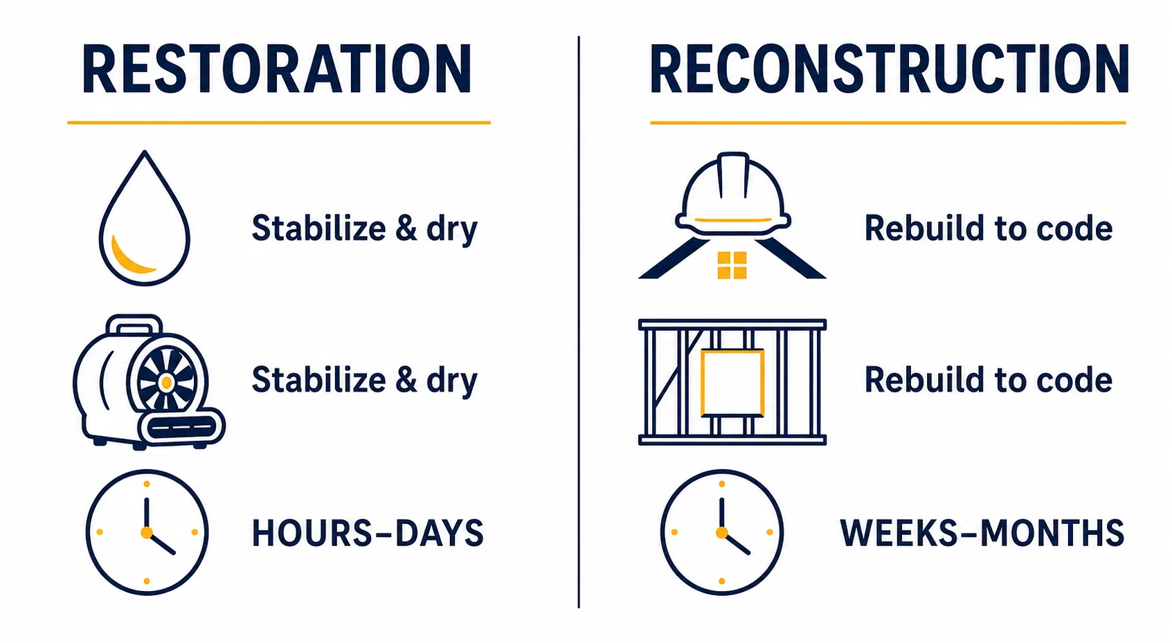 Side-by-side comparison of restoration versus reconstruction contractors