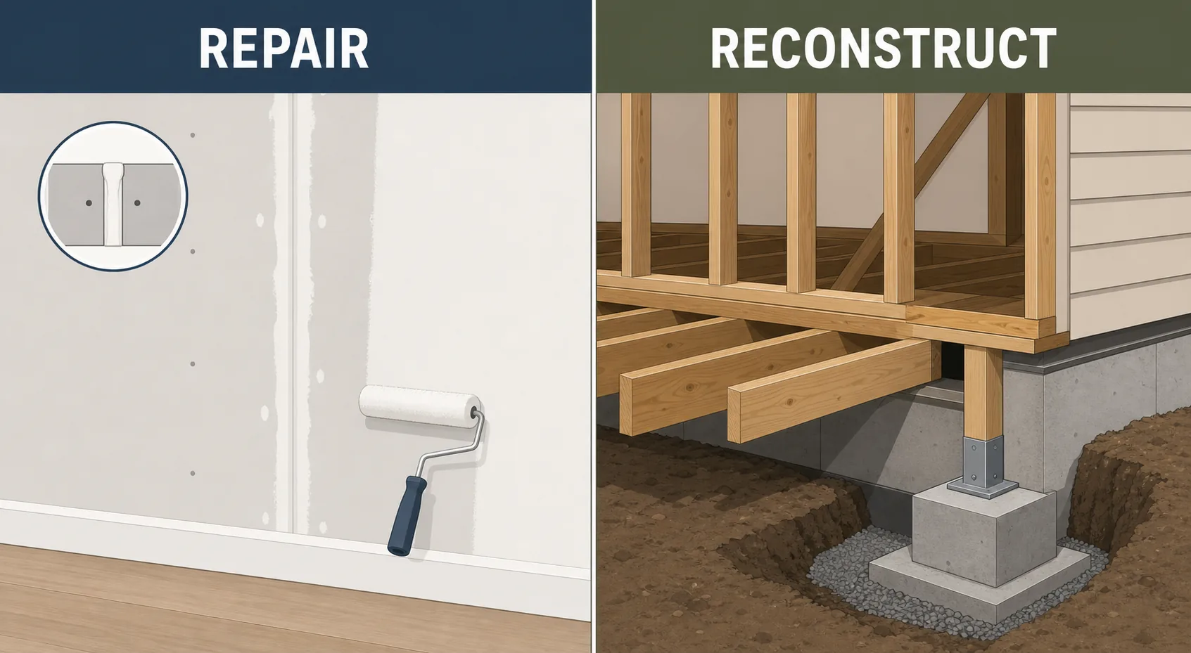 Side-by-side comparison of a surface repair versus a structural reconstruction