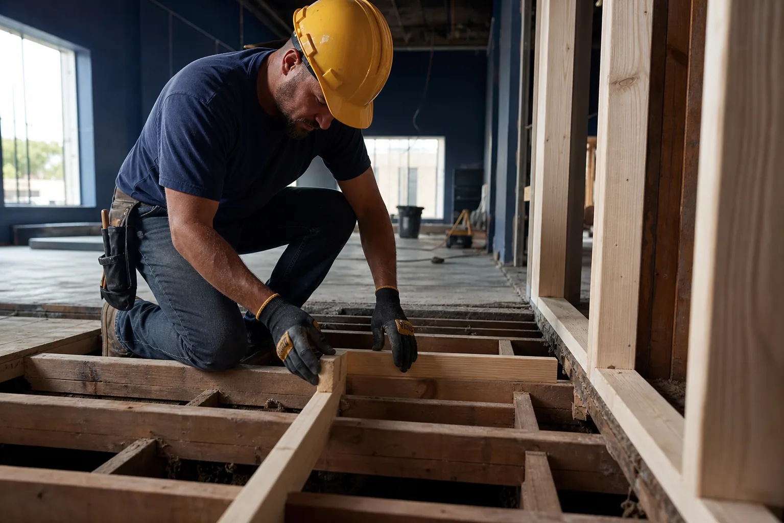 Tradesperson installing new replacement joists and studs during a structural reconstruction tear-out