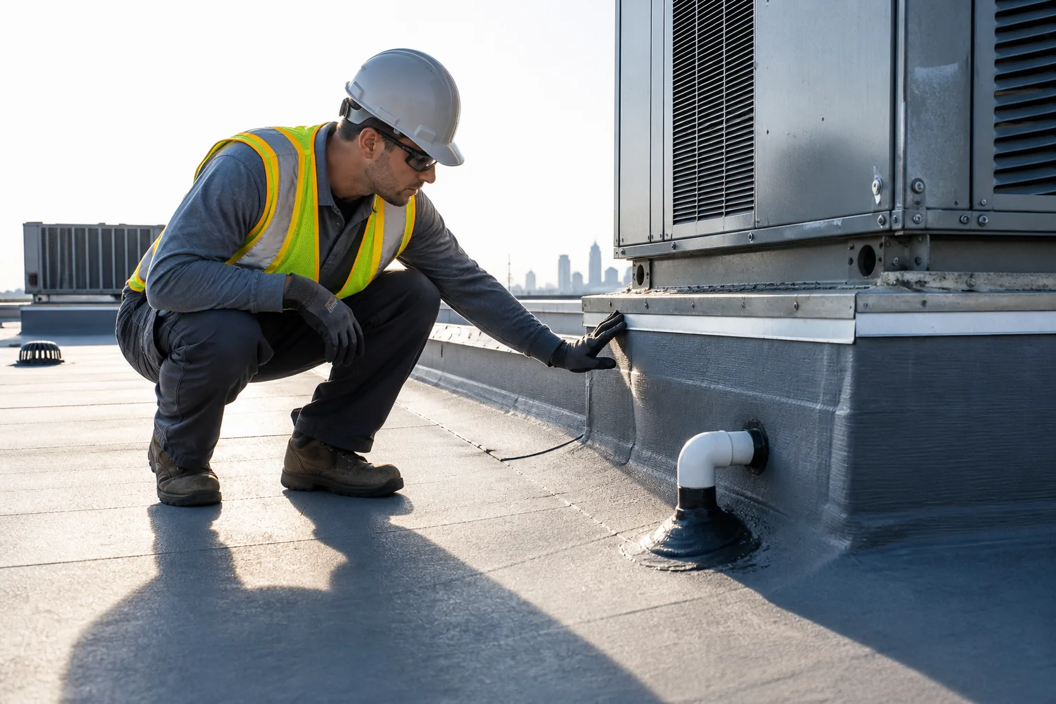 Envelope technician inspecting curb flashing and a condensate penetration at a rooftop HVAC unit in early-morning light