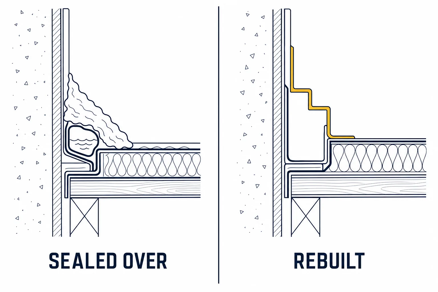 Side-by-side cross-section comparing sealant smeared over a failed flashing joint versus a correctly rebuilt flashing detail